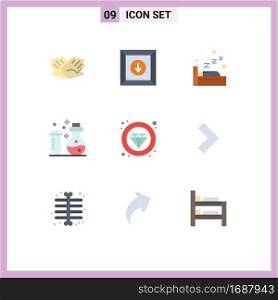 Stock Vector Icon Pack of 9 Line Signs and Symbols for quality, label, night, science, flasks Editable Vector Design Elements