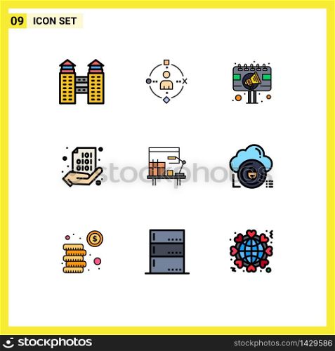 Stock Vector Icon Pack of 9 Line Signs and Symbols for workplace, hand, advertisement, share, code Editable Vector Design Elements