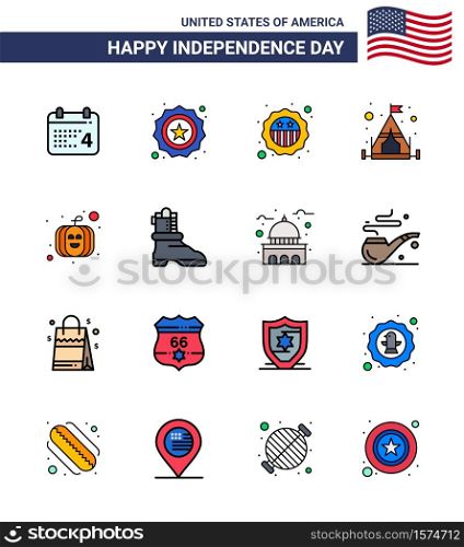 Stock Vector Icon Pack of American Day 16 Line Signs and Symbols for building; boot; camp; shose; pumpkin Editable USA Day Vector Design Elements