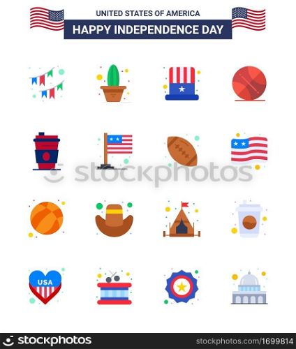 Stock Vector Icon Pack of American Day 16 Line Signs and Symbols for alcohol; sports; pot; ball; usa Editable USA Day Vector Design Elements