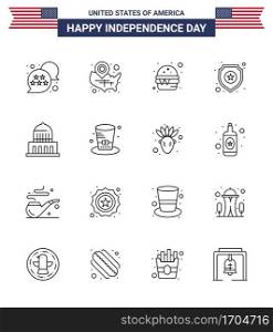Stock Vector Icon Pack of American Day 16 Line Signs and Symbols for building; star; location pin; police; meal Editable USA Day Vector Design Elements