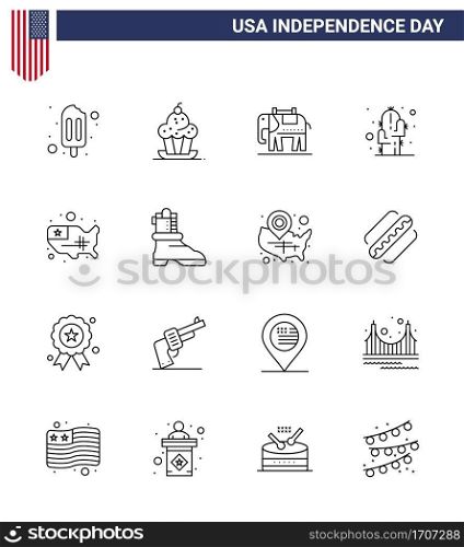 Stock Vector Icon Pack of American Day 16 Line Signs and Symbols for united  map  elephent  desert  flower Editable USA Day Vector Design Elements