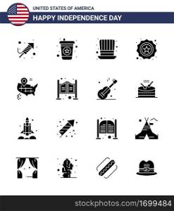 Stock Vector Icon Pack of American Day 16 Solid Glyph Signs and Symbols for american  location  hat  flag  security Editable USA Day Vector Design Elements