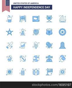 Stock Vector Icon Pack of American Day 25 Blue Signs and Symbols for television  movies  entrance  director  usa Editable USA Day Vector Design Elements