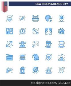 Stock Vector Icon Pack of American Day 25 Blue Signs and Symbols for map  american  bridge  helmet  american Editable USA Day Vector Design Elements