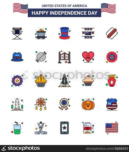 Stock Vector Icon Pack of American Day 25 Flat Filled Line Signs and Symbols for hotdog; america; american; american; buntings Editable USA Day Vector Design Elements