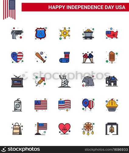 Stock Vector Icon Pack of American Day 25 Flat Filled Line Signs and Symbols for united; map; men; rail; cart Editable USA Day Vector Design Elements