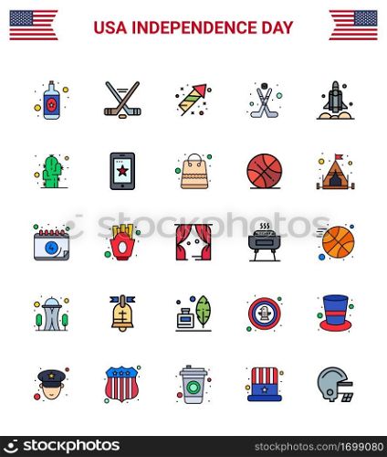 Stock Vector Icon Pack of American Day 25 Flat Filled Line Signs and Symbols for spaceship  launcher  festivity  sport  hokey Editable USA Day Vector Design Elements