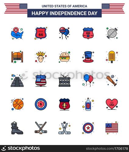 Stock Vector Icon Pack of American Day 25 Flat Filled Line Signs and Symbols for food; usa; american; shield; american Editable USA Day Vector Design Elements