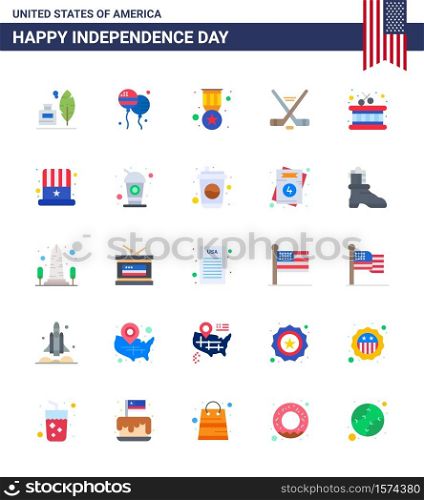 Stock Vector Icon Pack of American Day 25 Flat Signs and Symbols for instrument; american; award; sport; hokey Editable USA Day Vector Design Elements