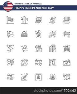 Stock Vector Icon Pack of American Day 25 Line Signs and Symbols for hat  chips  security  fries  fast Editable USA Day Vector Design Elements