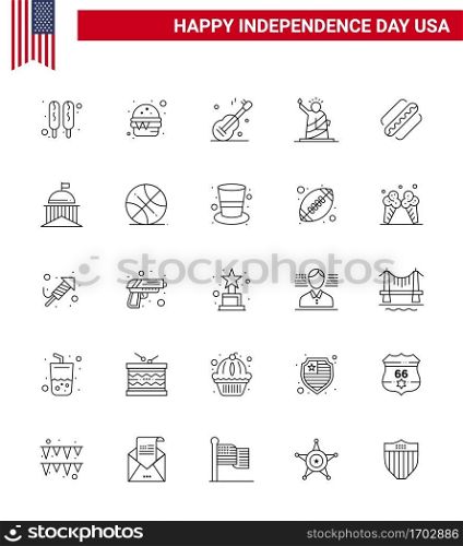 Stock Vector Icon Pack of American Day 25 Line Signs and Symbols for american; usa; music; statue; liberty Editable USA Day Vector Design Elements