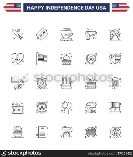 Stock Vector Icon Pack of American Day 25 Line Signs and Symbols for ice; weapon; states; army; gun Editable USA Day Vector Design Elements