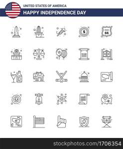Stock Vector Icon Pack of American Day 25 Line Signs and Symbols for security; dollar; pot; money; day Editable USA Day Vector Design Elements