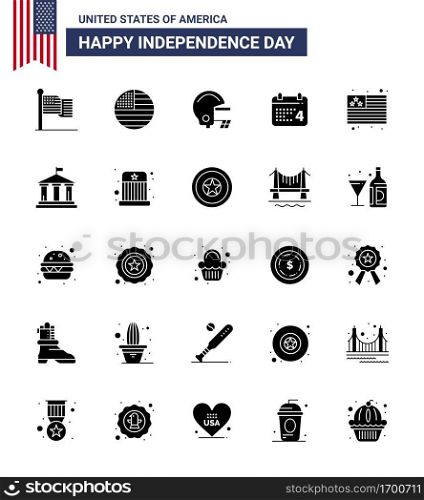 Stock Vector Icon Pack of American Day 25 Solid Glyph Signs and Symbols for usa; flag; day; bank; flag Editable USA Day Vector Design Elements