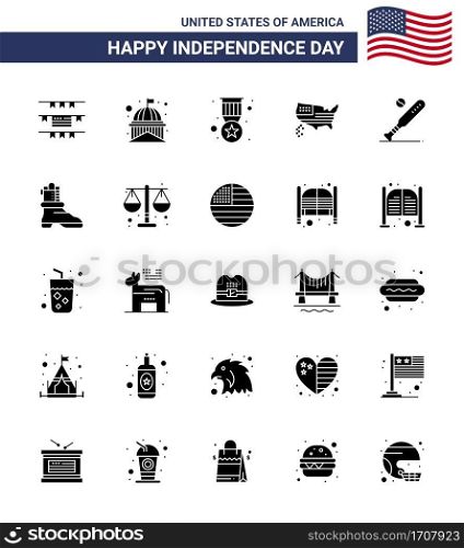 Stock Vector Icon Pack of American Day 25 Solid Glyph Signs and Symbols for baseball  usa  award  thanksgiving  american Editable USA Day Vector Design Elements