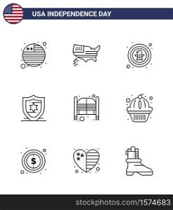 Stock Vector Icon Pack of American Day 9 Line Signs and Symbols for saloon; bar; bird; shield; american Editable USA Day Vector Design Elements