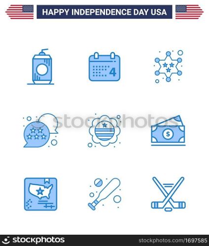 Stock Vector Icon Pack of American Day 9 Line Signs and Symbols for flag; chat bubble; badge; star; flag Editable USA Day Vector Design Elements