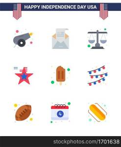 Stock Vector Icon Pack of American Day 9 Line Signs and Symbols for ice cream; flag; mail; american; scale Editable USA Day Vector Design Elements