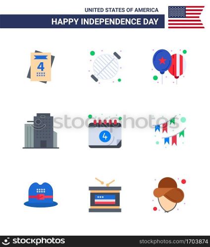 Stock Vector Icon Pack of American Day 9 Line Signs and Symbols for date; american; balloons; american; building Editable USA Day Vector Design Elements