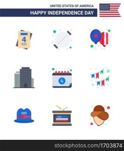 Stock Vector Icon Pack of American Day 9 Line Signs and Symbols for date; american; balloons; american; building Editable USA Day Vector Design Elements