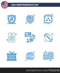 Stock Vector Icon Pack of American Day 9 Line Signs and Symbols for american ball  rugby  declaration of independence  ball  laud Editable USA Day Vector Design Elements