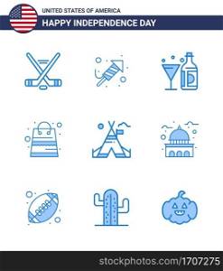 Stock Vector Icon Pack of American Day 9 Line Signs and Symbols for tent free  packages  drink  money  glass Editable USA Day Vector Design Elements