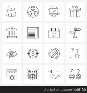 Stock Vector Icon Set of 16 Line Symbols for bank charity, architecture, monitor, surprise, gift box Vector Illustration