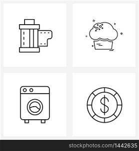 Stock Vector Icon Set of 4 Line Symbols for camera reel, home, image reel, food, coin Vector Illustration