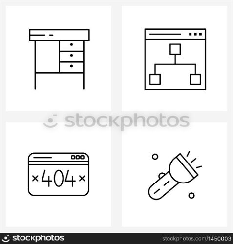 Stock Vector Icon Set of 4 Line Symbols for desk, server down, connection, webpage, flashlight Vector Illustration