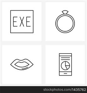 Stock Vector Icon Set of 4 Line Symbols for document, lips, type, jewel, makeup Vector Illustration
