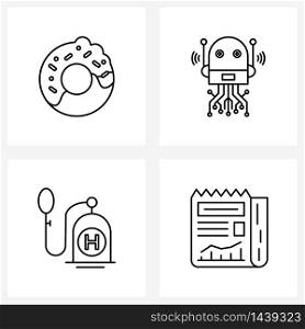 Stock Vector Icon Set of 4 Line Symbols for doughnut, lab, robots, stethoscope, news Vector Illustration