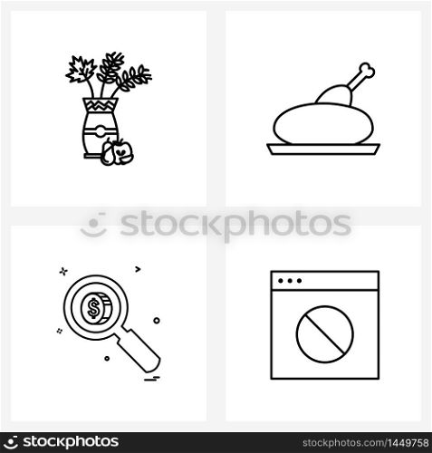 Stock Vector Icon Set of 4 Line Symbols for flower pot, money, chicken, meal, blocked Vector Illustration