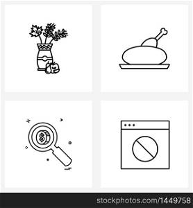 Stock Vector Icon Set of 4 Line Symbols for flower pot, money, chicken, meal, blocked Vector Illustration