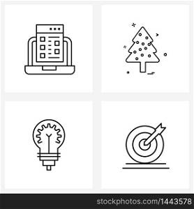 Stock Vector Icon Set of 4 Line Symbols for laptop, education, Christmas tree, bulb, idea Vector Illustration