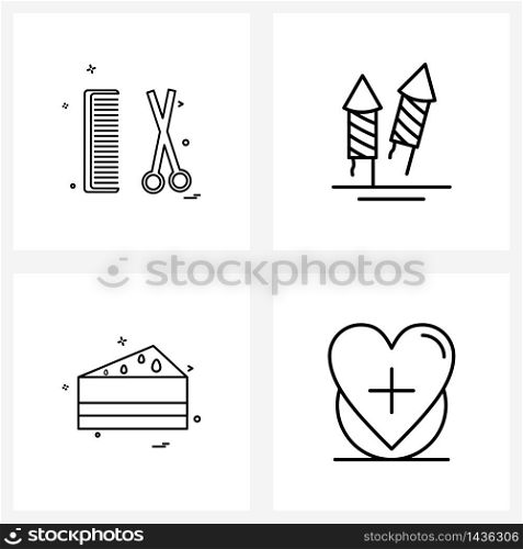 Stock Vector Icon Set of 4 Line Symbols for scissor, food , comb, entertainment, cake Vector Illustration