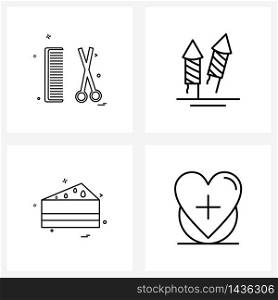 Stock Vector Icon Set of 4 Line Symbols for scissor, food , comb, entertainment, cake Vector Illustration