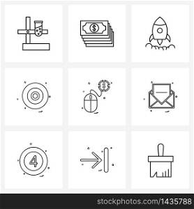 Stock Vector Icon Set of 9 Line Symbols for money, rec, rocket, button, ui Vector Illustration