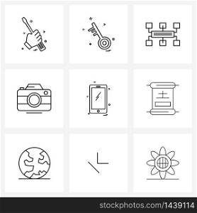 Stock Vector Icon Set of 9 Line Symbols for phone, mobile, networking, camping, image Vector Illustration
