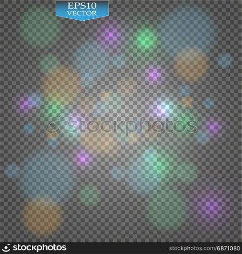 Stock vector illustration bokeh photo effect. Christmas light. Blurred New Year. Colorful shining bokeh light isolated on transparent background.. Snowflakes frame, snowfall Lights on transparent background. Falling Christmas Shining transparent beautiful snow. Vector illustration.