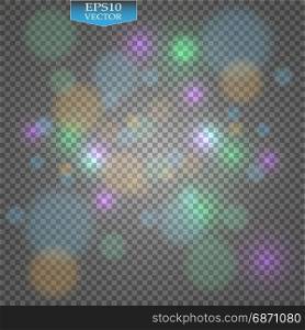 Stock vector illustration bokeh photo effect. Christmas light. Blurred New Year. Colorful shining bokeh light isolated on transparent background.. Snowflakes frame, snowfall Lights on transparent background. Falling Christmas Shining transparent beautiful snow. Vector illustration.