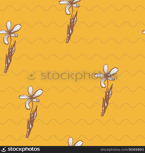 Stock vector illustration of a seamless pattern with flowers on a yellow geometric background. Wave pattern and hand-drawn flower. For textile, wallpaper, fabric and stationery