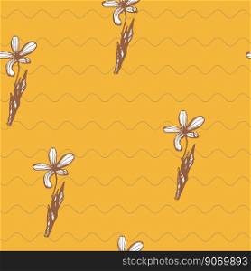 Stock vector illustration of a seamless pattern with flowers on a yellow geometric background. Wave pattern and hand-drawn flower. For textile, wallpaper, fabric and stationery
