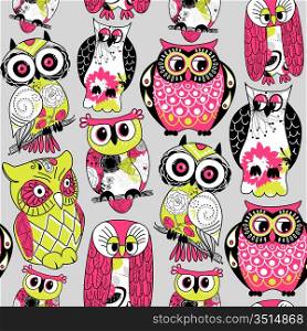 Stock Vector Illustration: Seamless and colourful owl pattern.
