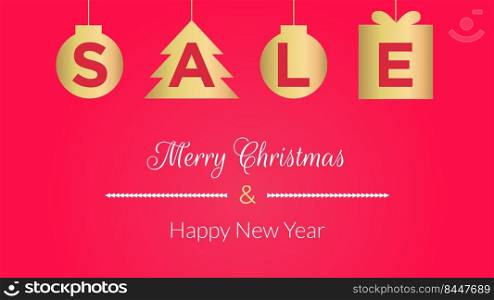 Stock vector illustration with Christmas sale banner. Scribble sale on golden balls, Christmas tree and box on a red background with snowflakes. Template for advertising banner, poster, website screen.