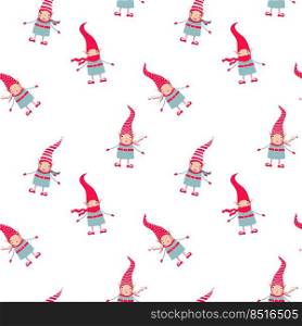Stock vector illustration with seamless christmas pattern with elves in striped red hats. Pattern for merry Christmas and New Year cards, wrapping, wrapping paper, gift boxes, stationery and fabrics.