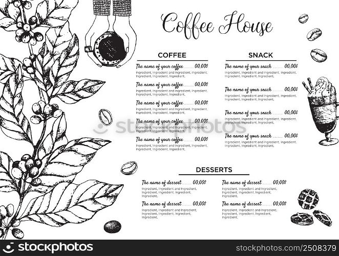 Stock vector template coffee house or restaurant menu. A beverage flyer for bar and cafe. Template with hand-drawn vintage illustration coffee and desserts on the white board.