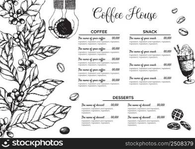 Stock vector template coffee house or restaurant menu. A beverage flyer for bar and cafe. Template with hand-drawn vintage illustration coffee and desserts on the white board.