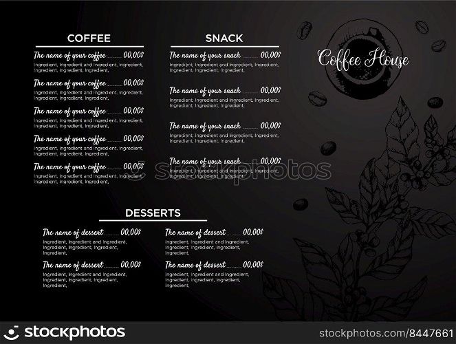 Stock vector template coffee house or restaurant menu. A beverage flyer for bar and cafe. Template with hand-drawn vintage illustration coffee and desserts on the black board.