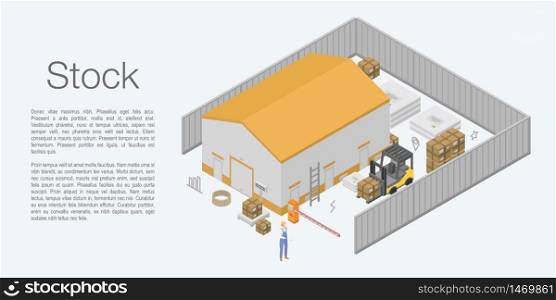 Stock warehouse concept banner. Isometric illustration of stock warehouse vector concept banner for web design. Stock warehouse concept banner, isometric style